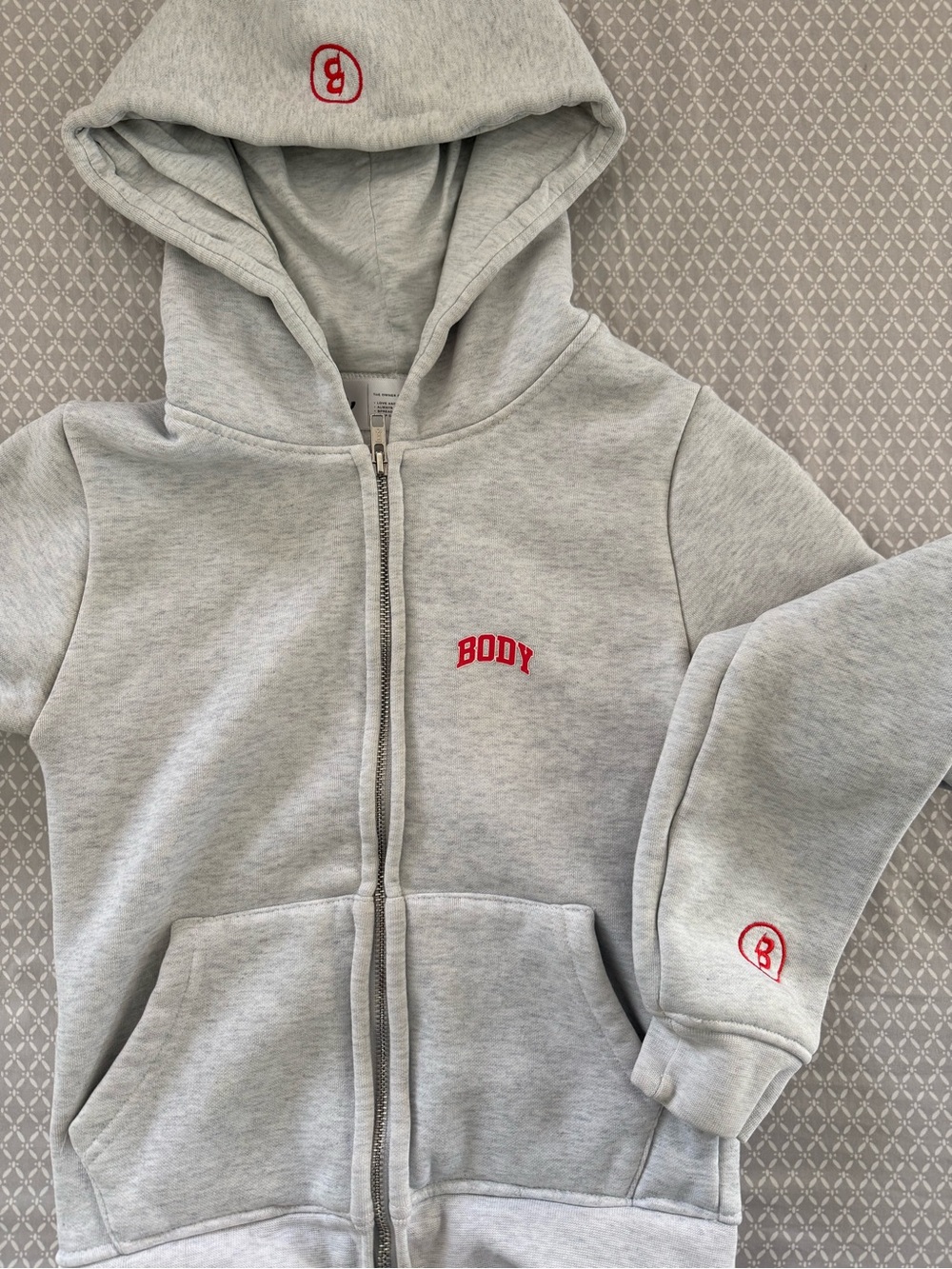 Body by Raven Tracy Heather Gray Zip-Up Hoodie with Red Logo Size Small